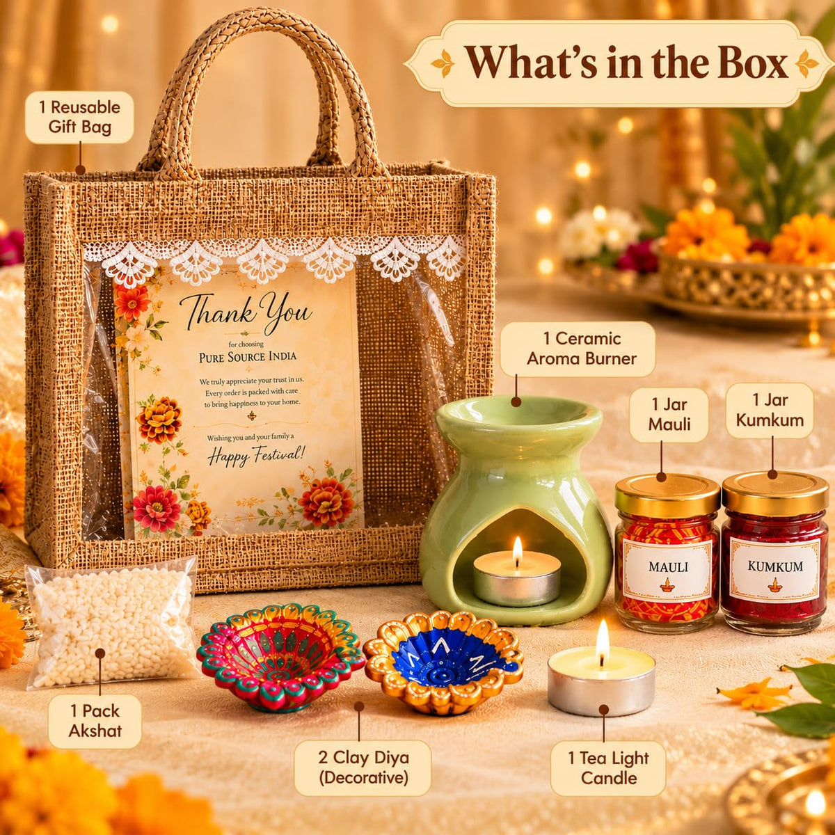 Pure Source India Diwali Pooja Gift Set with Roli Kumkum & Ghee Wicks (Green)