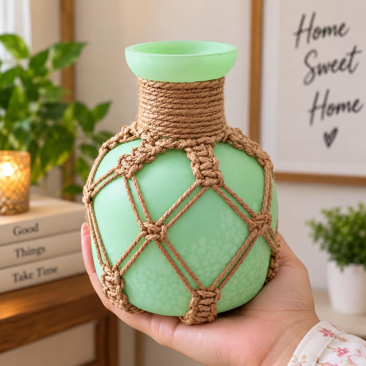 Pure Source India Decorative Green Flower Vase with Macramé Rope Design | Tabletop Home Décor Vase for Living Room, Dining Table & Office
