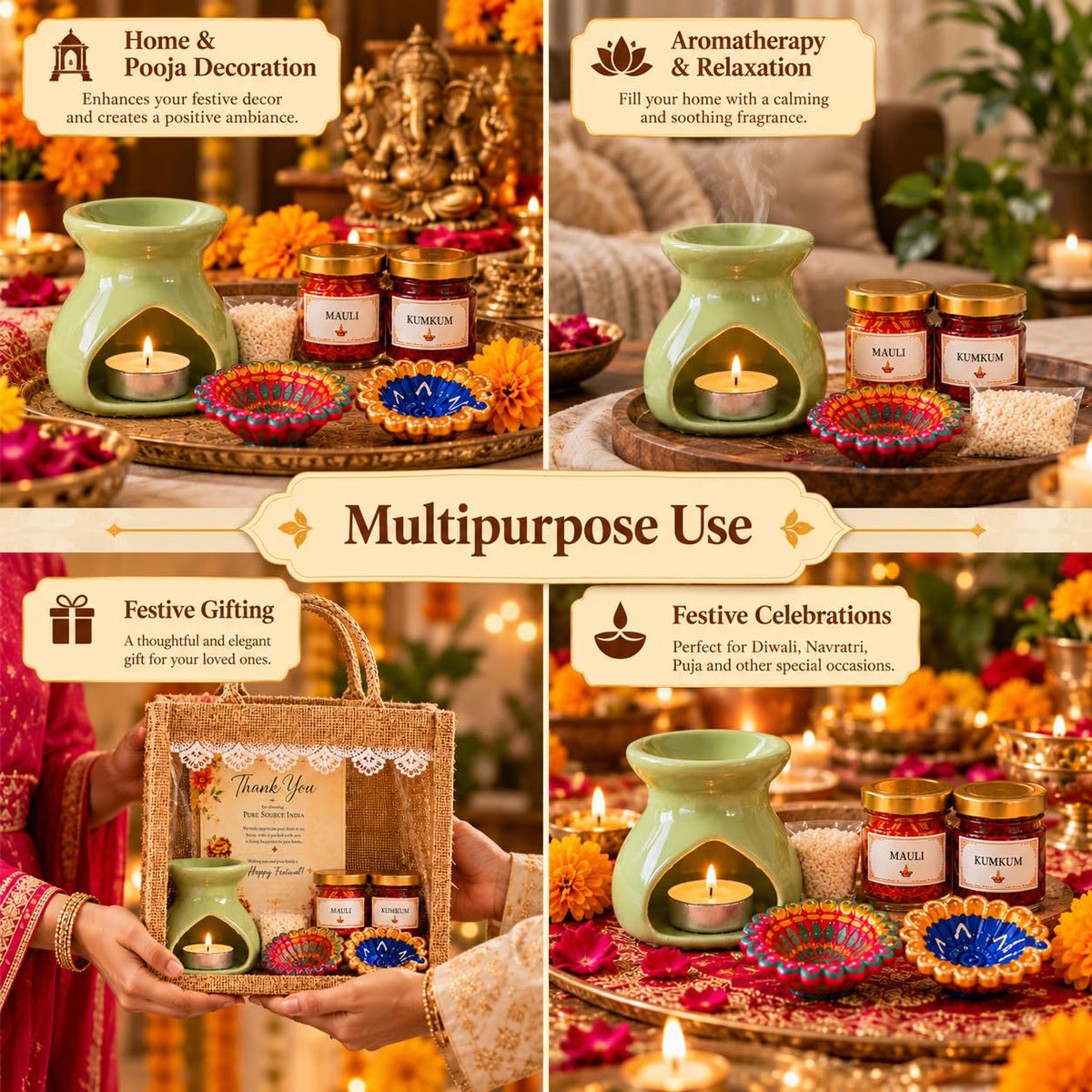 Pure Source India Diwali Pooja Gift Set with Roli Kumkum & Ghee Wicks (Green)