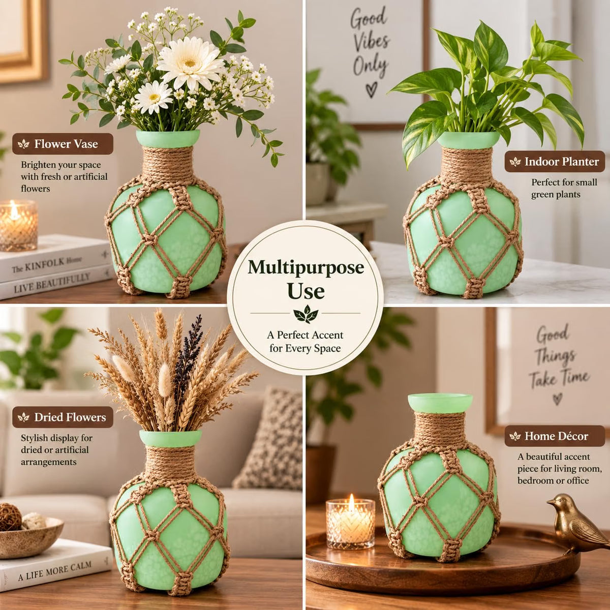 Pure Source India Decorative Green Flower Vase with Macramé Rope Design | Tabletop Home Décor Vase for Living Room, Dining Table & Office