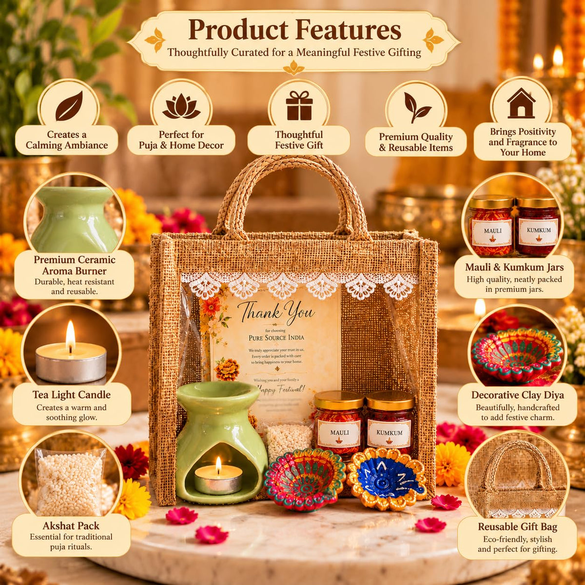 Pure Source India Diwali Pooja Gift Set with Roli Kumkum & Ghee Wicks (Green)