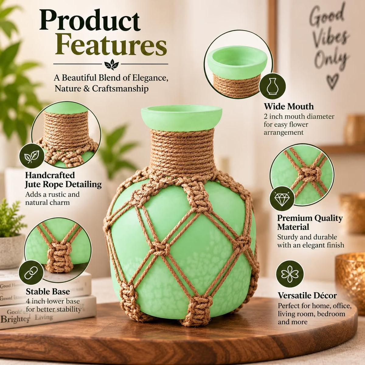 Pure Source India Decorative Green Flower Vase with Macramé Rope Design | Tabletop Home Décor Vase for Living Room, Dining Table & Office