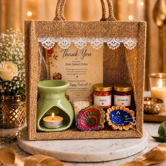Pure Source India Diwali Pooja Gift Set with Roli Kumkum & Ghee Wicks (Green)