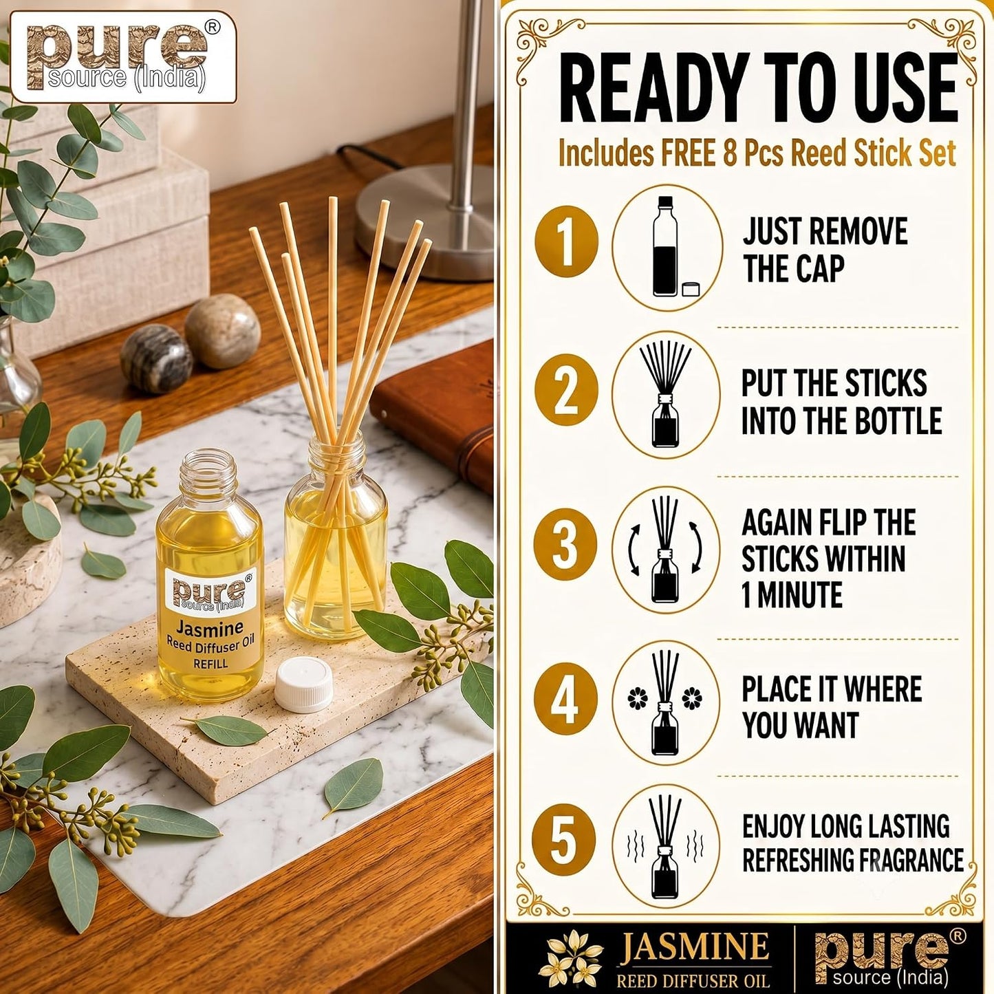 Pure Source India 100ML Jasmine  Aroma Reed Diffuser Refill , 8 Pcs Reed Stick Coming Free With This Reed Diffuser Oil