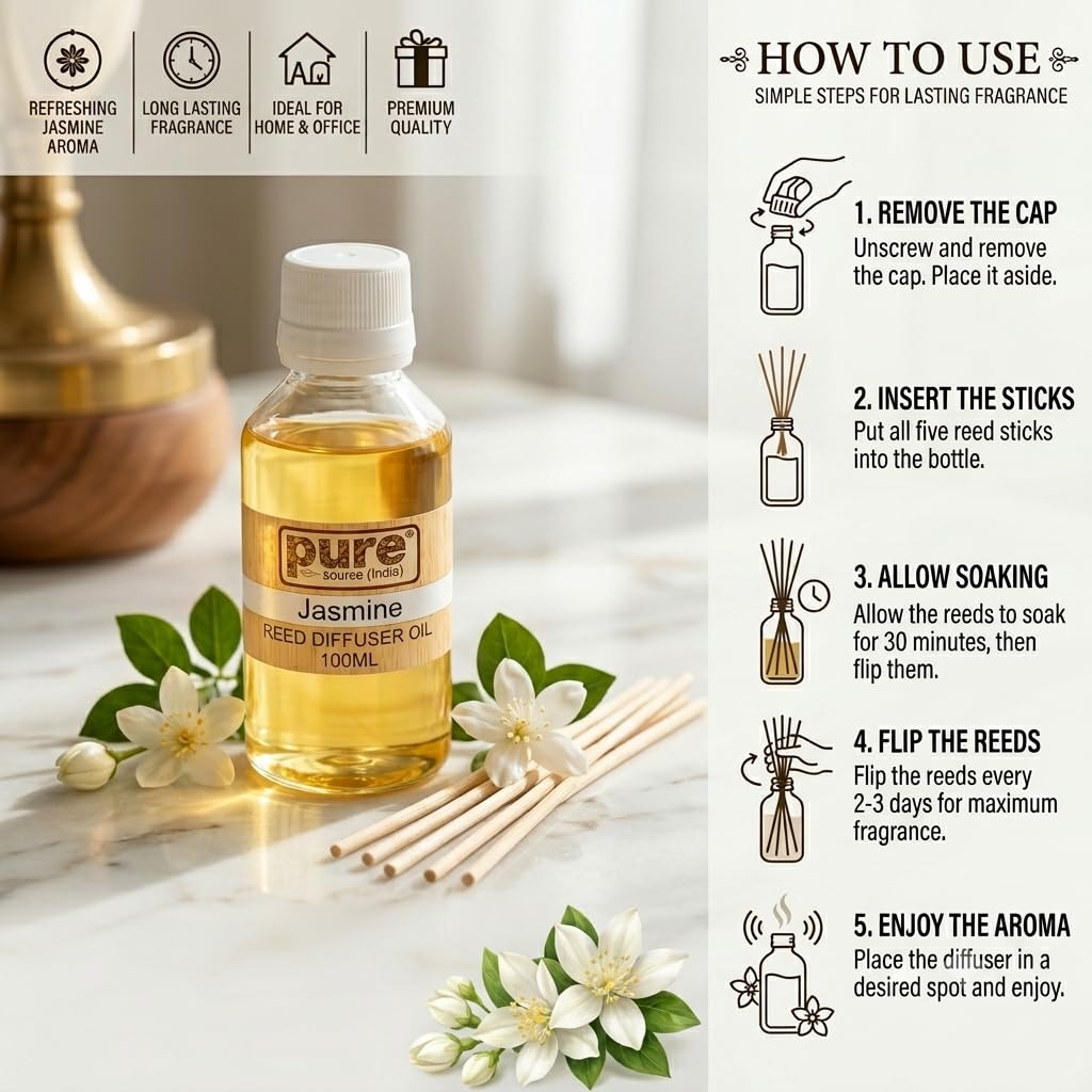 Pure Source India 100ML Jasmine  Aroma Reed Diffuser Refill , 8 Pcs Reed Stick Coming Free With This Reed Diffuser Oil