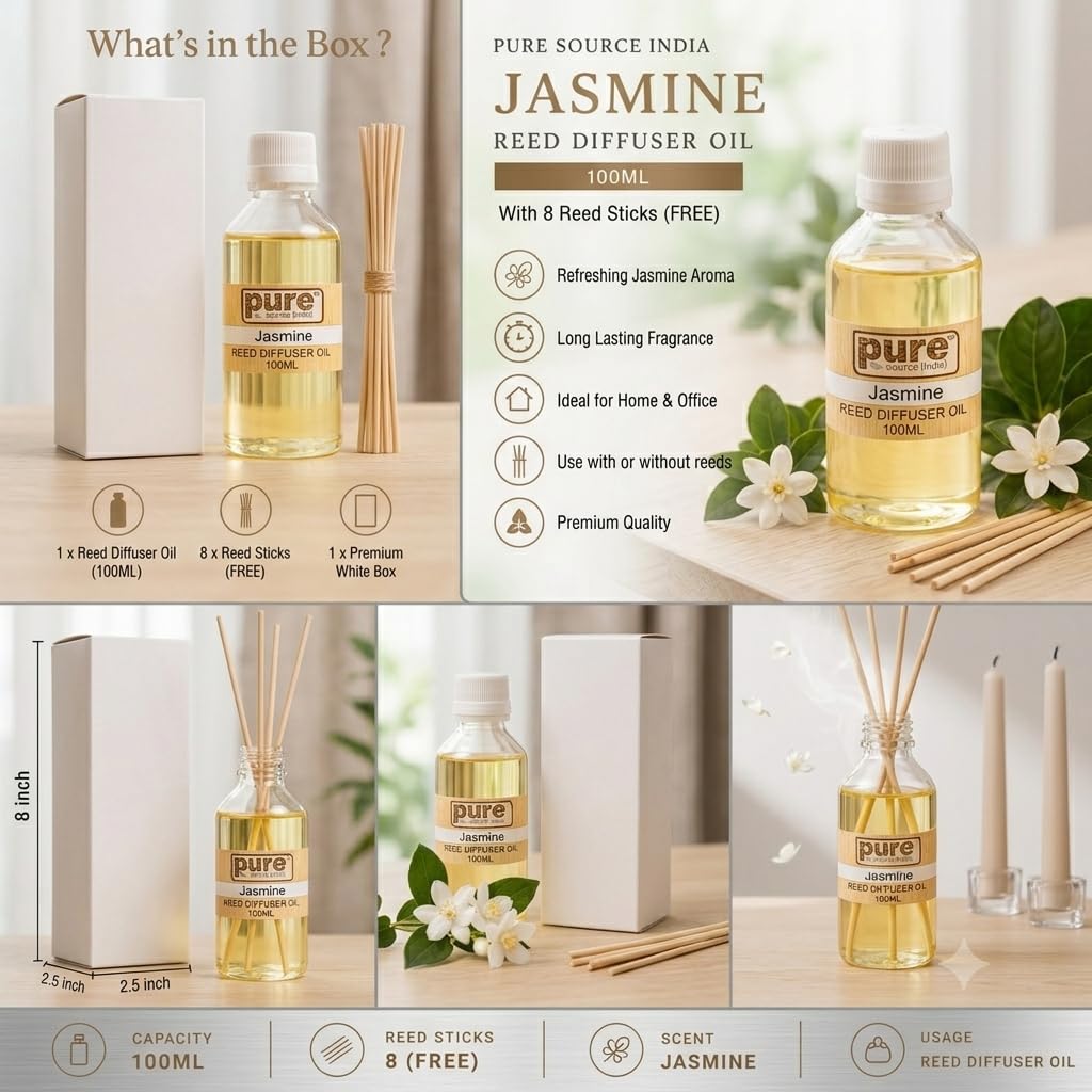 Pure Source India 100ML Jasmine  Aroma Reed Diffuser Refill , 8 Pcs Reed Stick Coming Free With This Reed Diffuser Oil