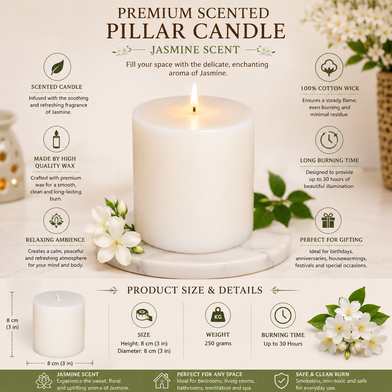 Pure Source India Scented Pillar Candle (3X3 INCH) Decorative Candle for Living Room, Diwali Decor, Gifting, Spa & Meditation (Lemongrass)