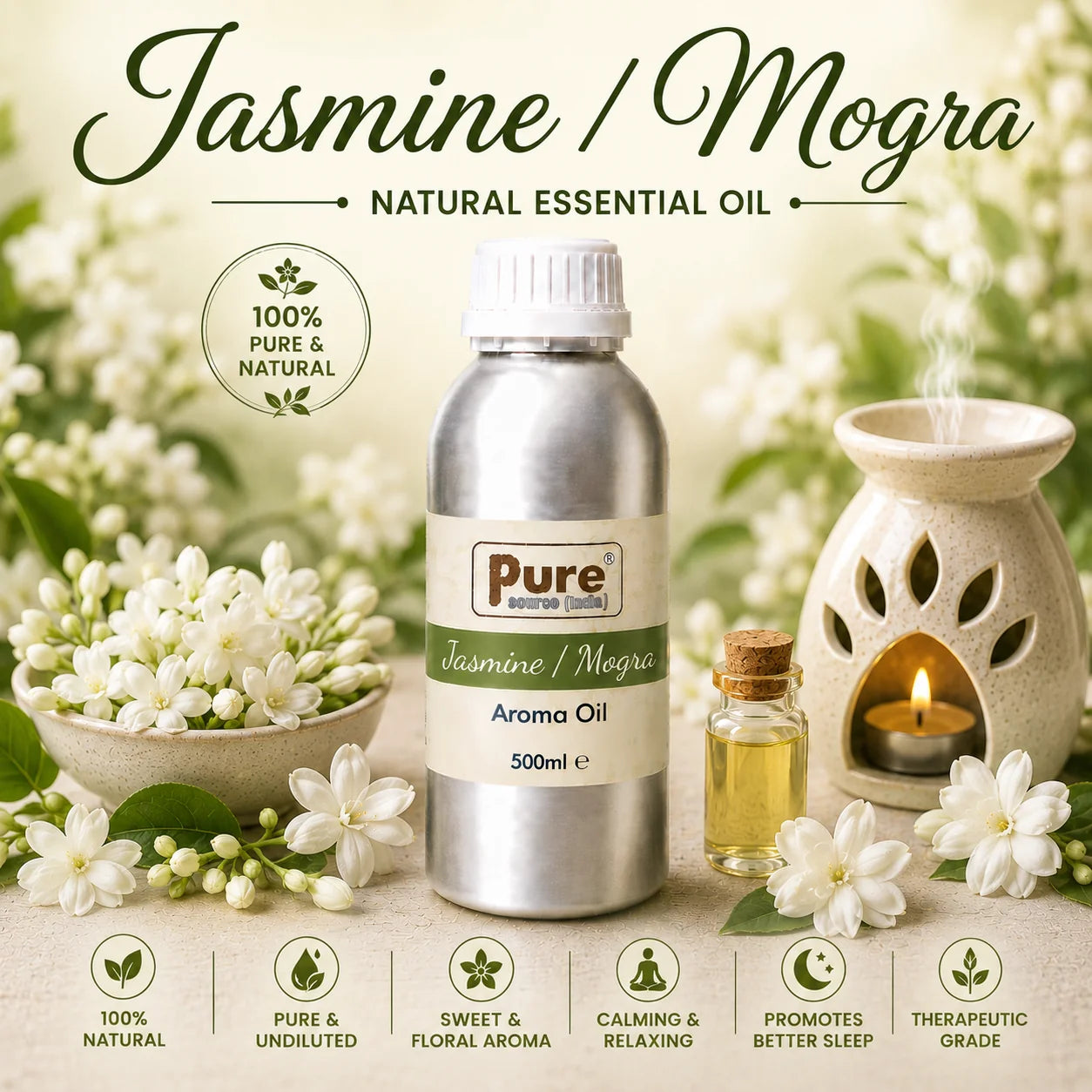 Pure Source India Jasmine Aroma Oil | Premium Fragrance Oil for Diffuser, Aromatherapy, Meditation, Candles, Soap Making, Humidifier & Home Air Freshener (Copy)