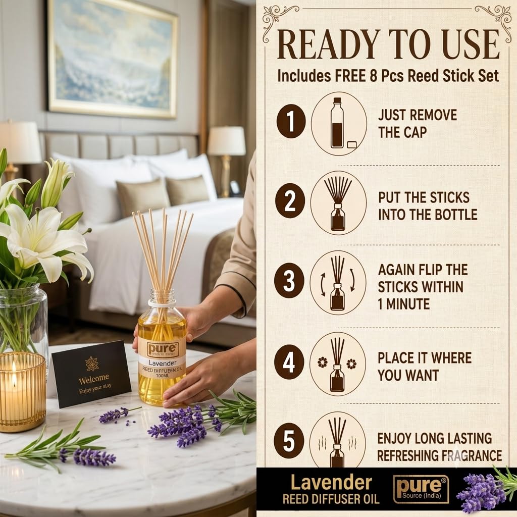 Pure Source India 100ML Lavender  Aroma Reed Diffuser Refill , 8 Pcs Reed Stick Coming Free With This Reed Diffuser Oil