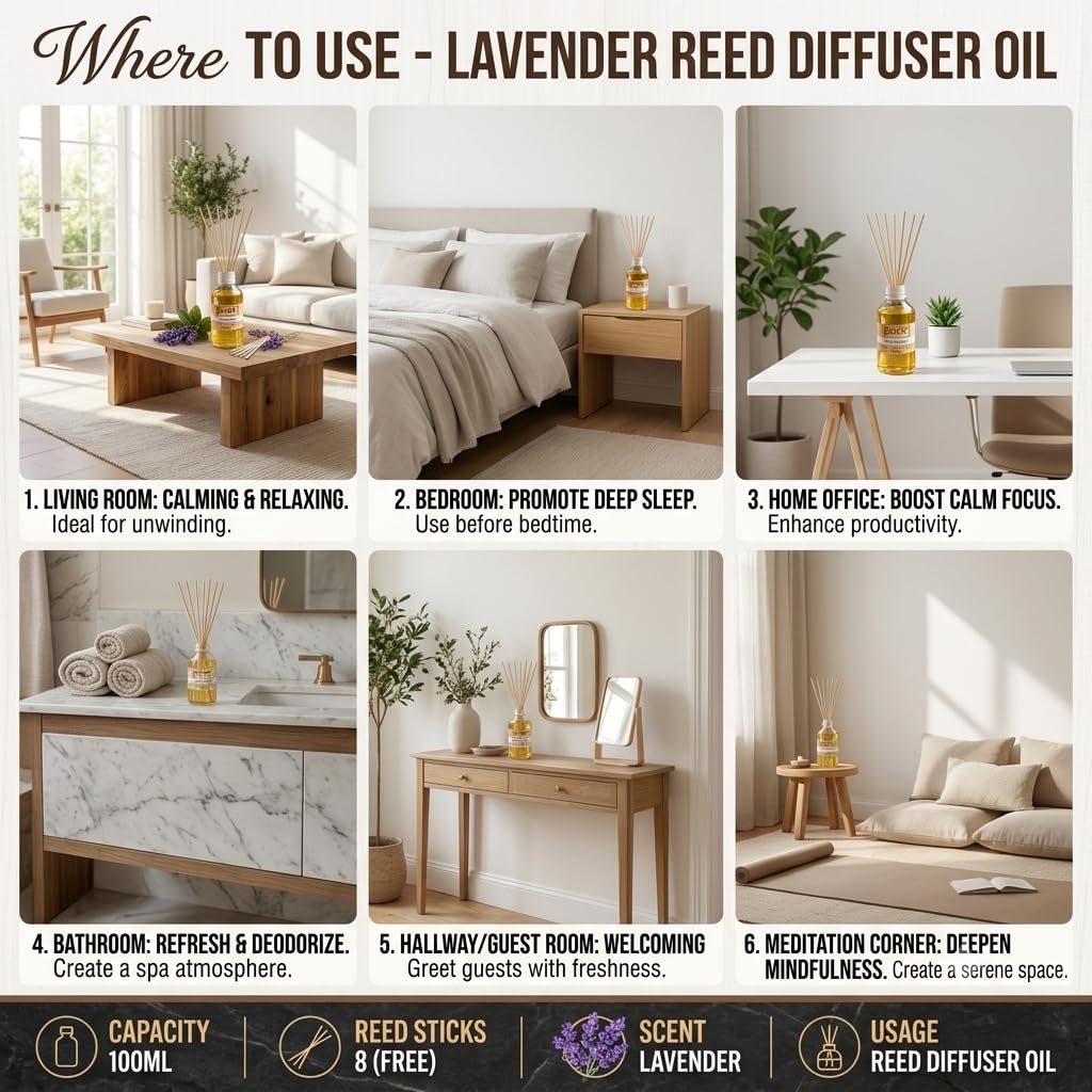 Pure Source India 100ML Lavender  Aroma Reed Diffuser Refill , 8 Pcs Reed Stick Coming Free With This Reed Diffuser Oil