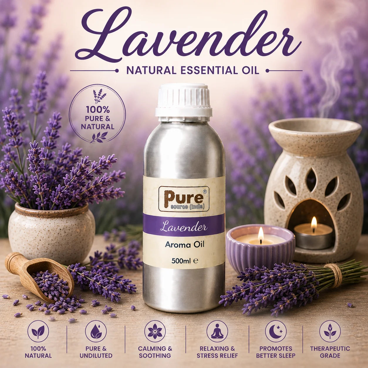 Pure Source India Lavender Aroma Oil | Premium Fragrance Oil for Diffuser, Aromatherapy, Meditation, Candles, Soap Making, Humidifier & Home Air Freshener