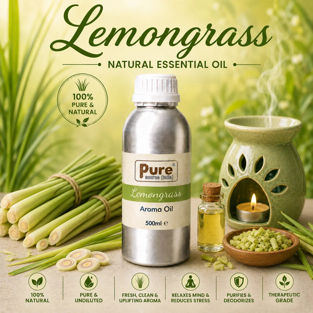 Pure Source India Lemongrass Aroma Oil | Premium Fragrance Oil for Diffuser, Aromatherapy, Meditation, Candles, Soap Making, Humidifier & Home Air Freshener