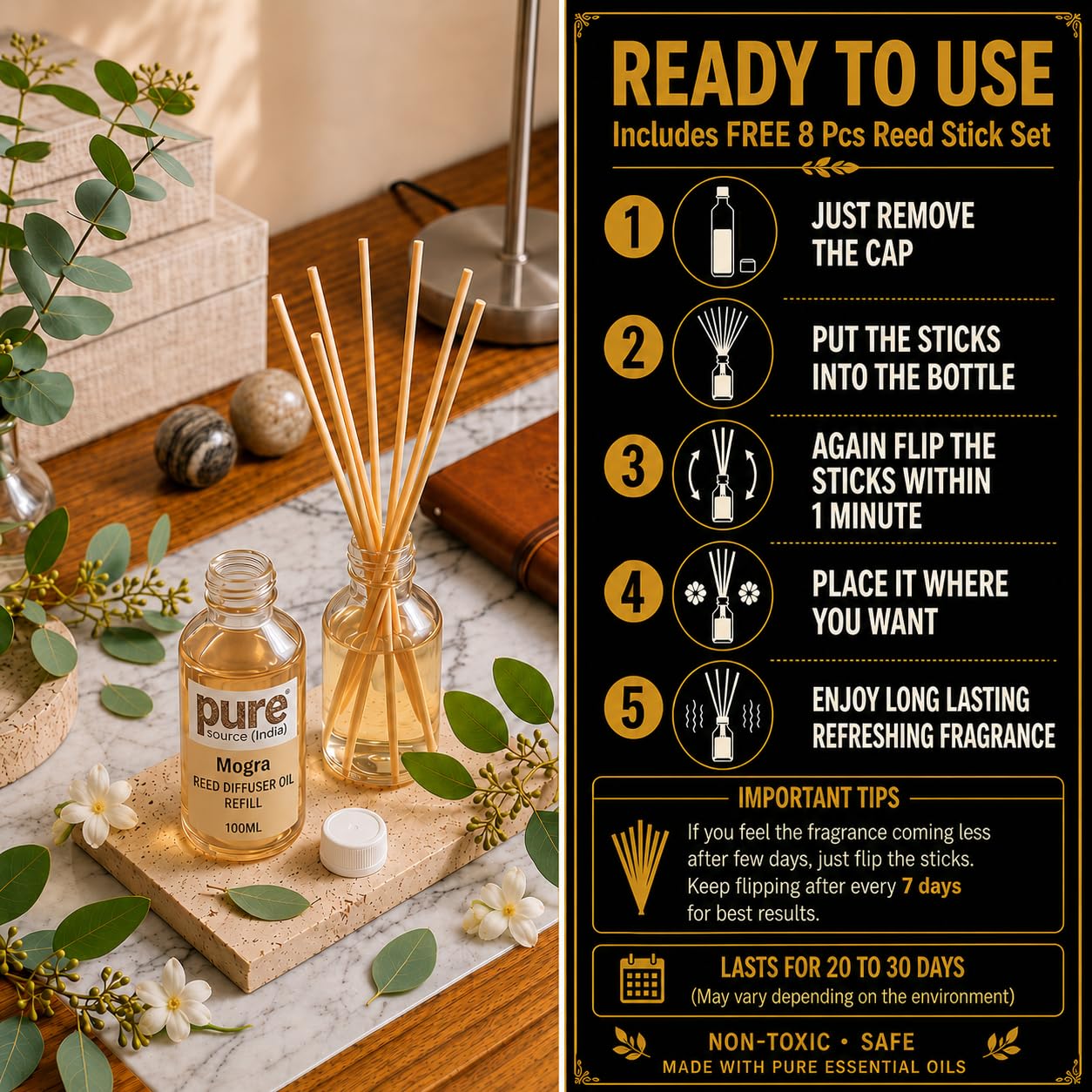 Pure Source India 100ML Mogra Aroma Reed Diffuser Refill , 8 Pcs Reed Stick Coming Free With This Reed Diffuser Oil