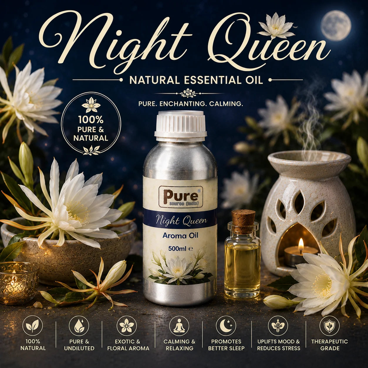 Pure Source India Night Queen Aroma Oil | Premium Fragrance Oil for Diffuser, Aromatherapy, Meditation, Candles, Soap Making, Humidifier & Home Air Freshener