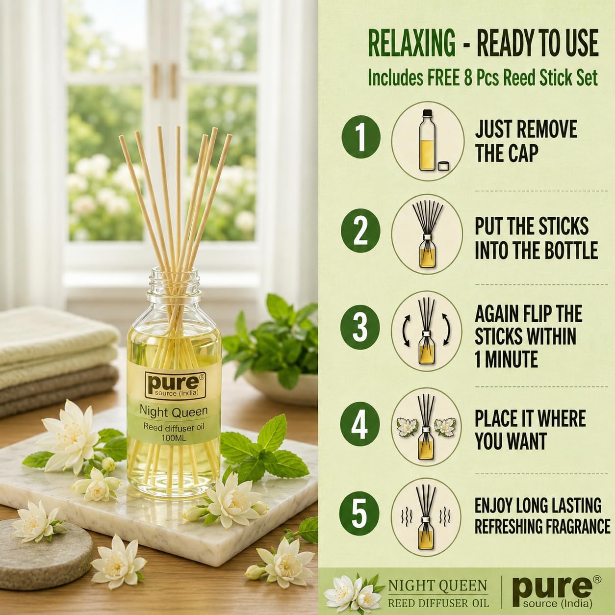 Pure Source India 100ML Night Queen Aroma Reed Diffuser Refill , 8 Pcs Reed Stick Coming Free With This Reed Diffuser Oil