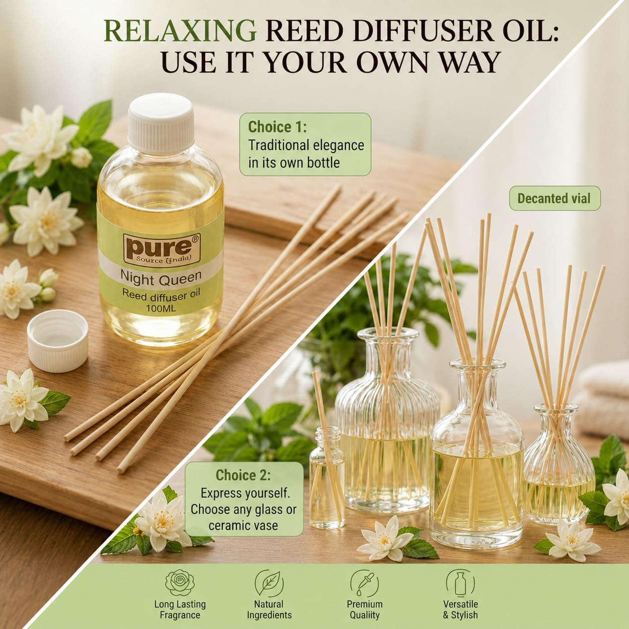 Pure Source India 100ML Night Queen Aroma Reed Diffuser Refill , 8 Pcs Reed Stick Coming Free With This Reed Diffuser Oil
