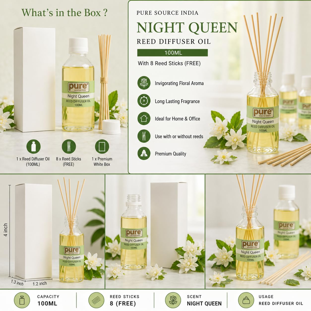 Pure Source India 100ML Night Queen Aroma Reed Diffuser Refill , 8 Pcs Reed Stick Coming Free With This Reed Diffuser Oil