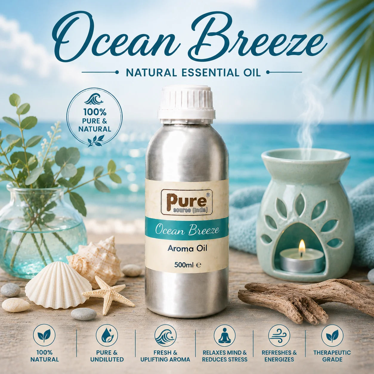 Pure Source India Ocean Breeze Aroma Oil | Premium Fragrance Oil for Diffuser, Aromatherapy, Meditation, Candles, Soap Making, Humidifier & Home Air Freshener