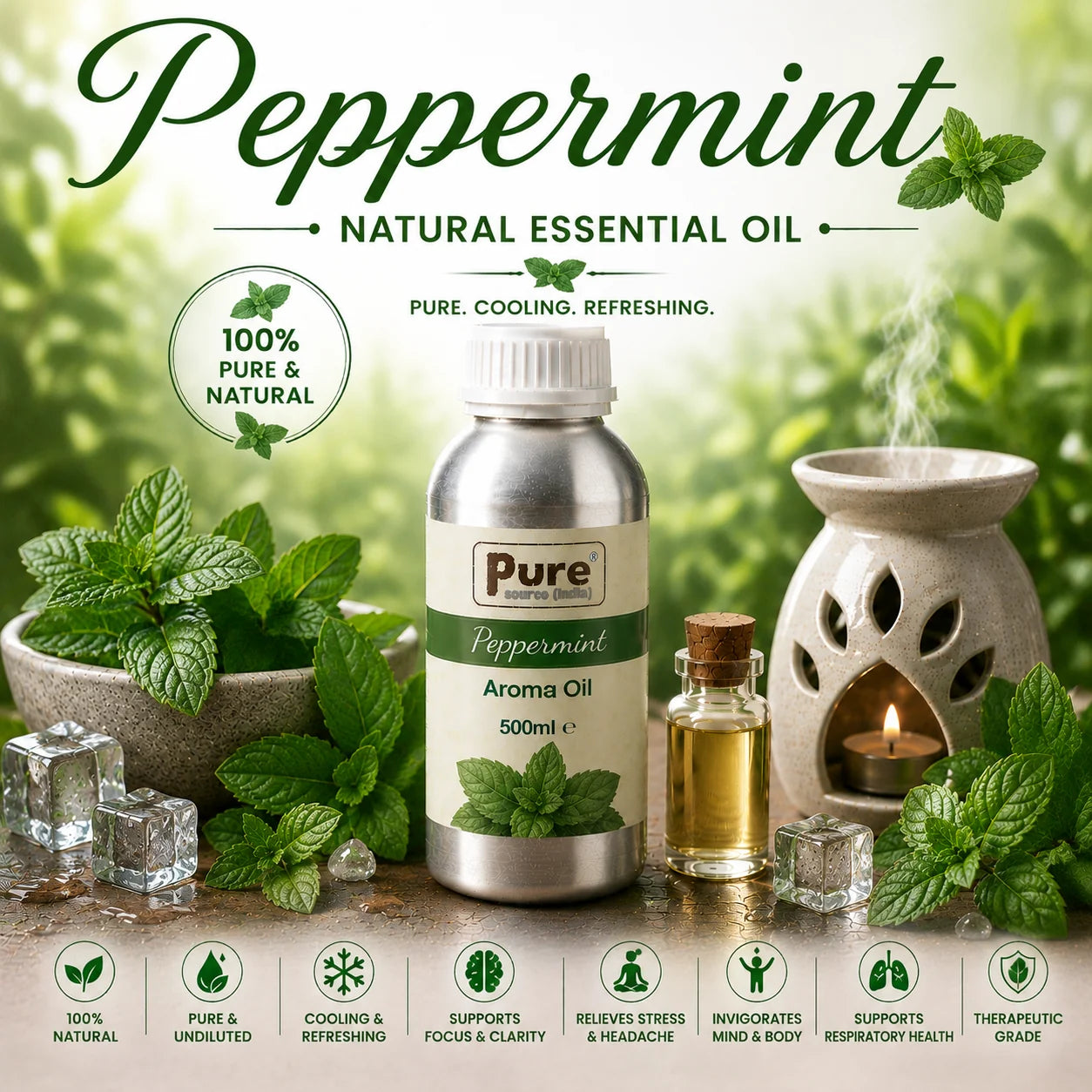 Pure Source India Peppermint Aroma Oil | Premium Fragrance Oil for Diffuser, Aromatherapy, Meditation, Candles, Soap Making, Humidifier & Home Air Freshener