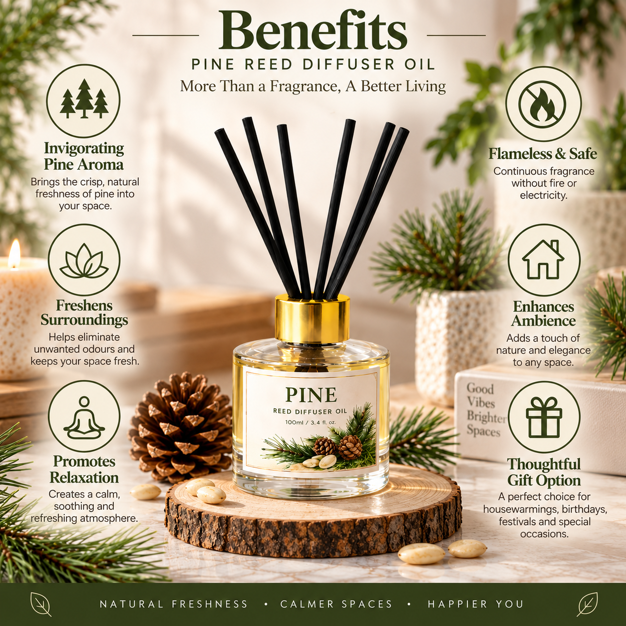 Pure Source India Pine Reed Diffuser Oil Set 100ml With  6 Rattan Reed Sticks – Premium Aromatherapy Home Fragrance with Glass Bottle |Air Freshener for Home, Bedroom & Office | Ideal for Gifting