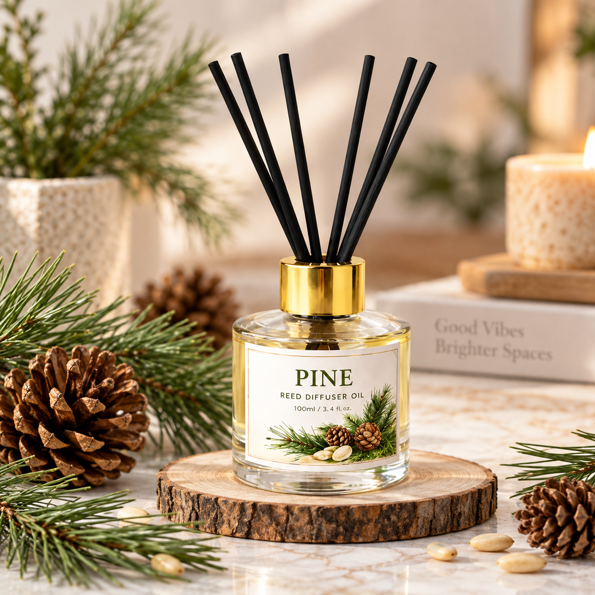 Pure Source India Pine Reed Diffuser Oil Set 100ml With  6 Rattan Reed Sticks – Premium Aromatherapy Home Fragrance with Glass Bottle |Air Freshener for Home, Bedroom & Office | Ideal for Gifting