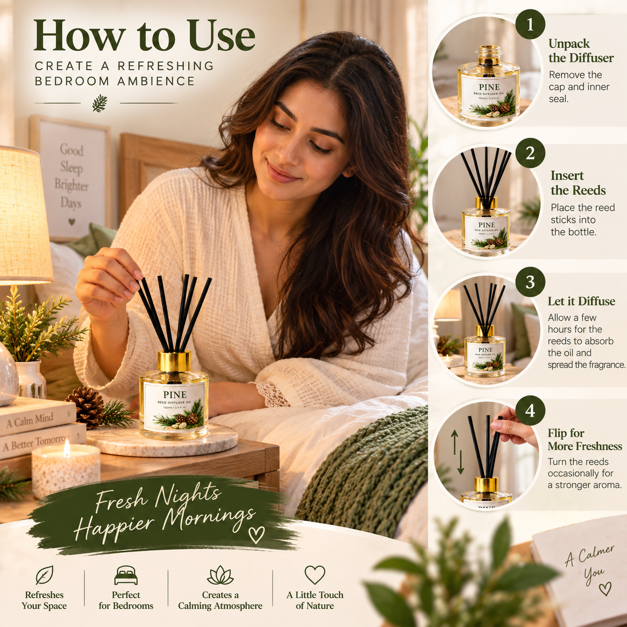 Pure Source India Pine Reed Diffuser Oil Set 100ml With  6 Rattan Reed Sticks – Premium Aromatherapy Home Fragrance with Glass Bottle |Air Freshener for Home, Bedroom & Office | Ideal for Gifting