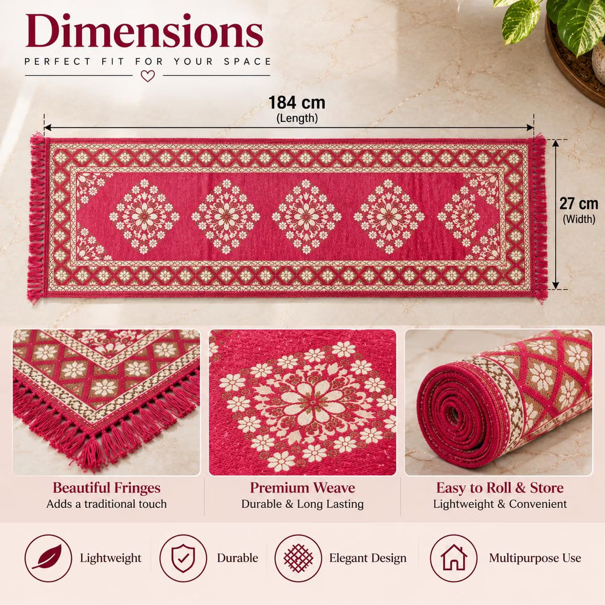 Pure Source India Pink Cotton Yoga Mat for Women and Men, 2X6 feet, 3mm thick, Light Weight, Machine Washable, Home Exercise