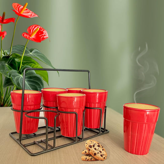 Pure Source India Ceramic Matte Finish Cutting Chai Tea Glasses with Iron Holder, 120ml | Traditional Indian Tea Cups for Home, Kitchen, Café, Restaurant & Dhaba | Tea Serving Set