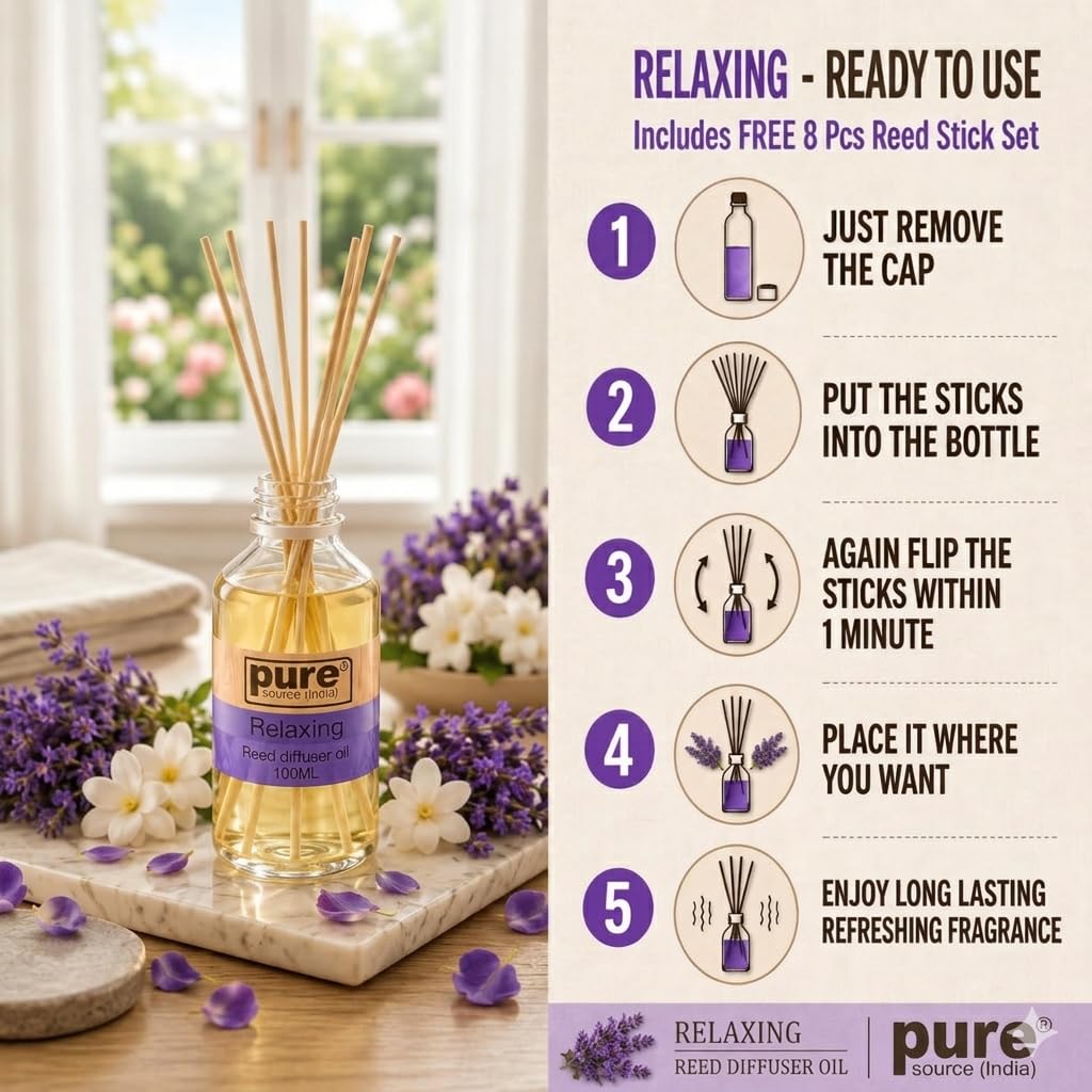 Pure Source India 100ML Relaxing Aroma Reed Diffuser Refill , 8 Pcs Reed Stick Coming Free With This Reed Diffuser Oil
