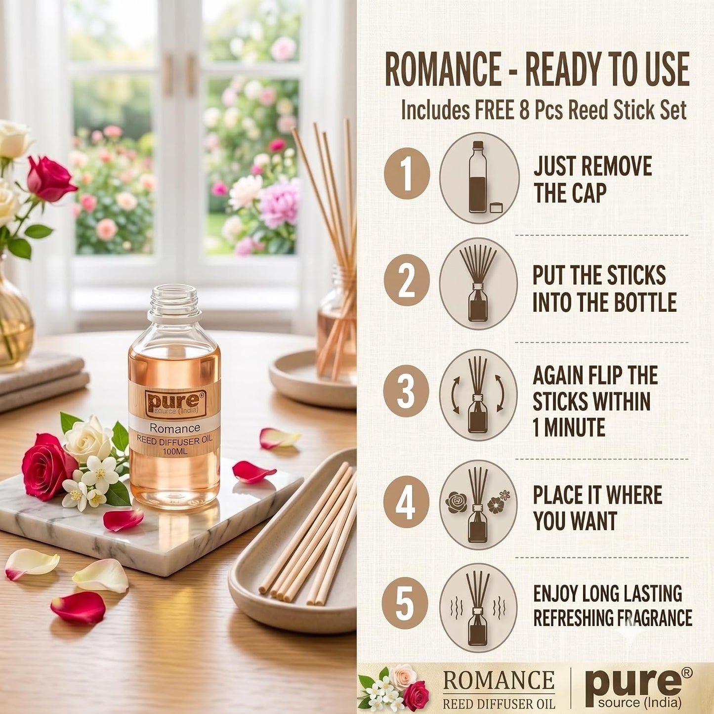 Pure Source India 100ML Romance Aroma Reed Diffuser Refill , 8 Pcs Reed Stick Coming Free With This Reed Diffuser Oil