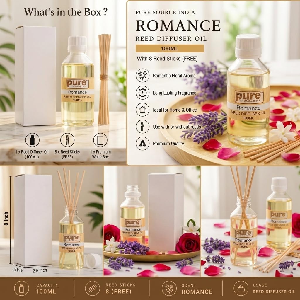 Pure Source India 100ML Romance Aroma Reed Diffuser Refill , 8 Pcs Reed Stick Coming Free With This Reed Diffuser Oil