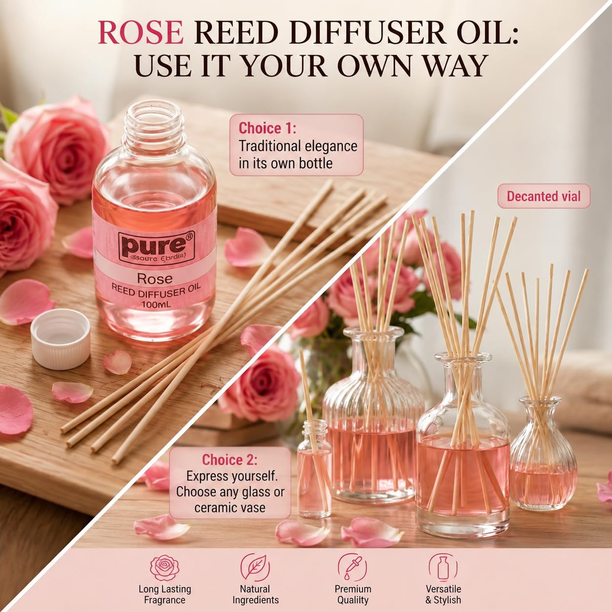 Pure Source India 100ML Rose Aroma Reed Diffuser Refill , 8 Pcs Reed Stick Coming Free With This Reed Diffuser Oil
