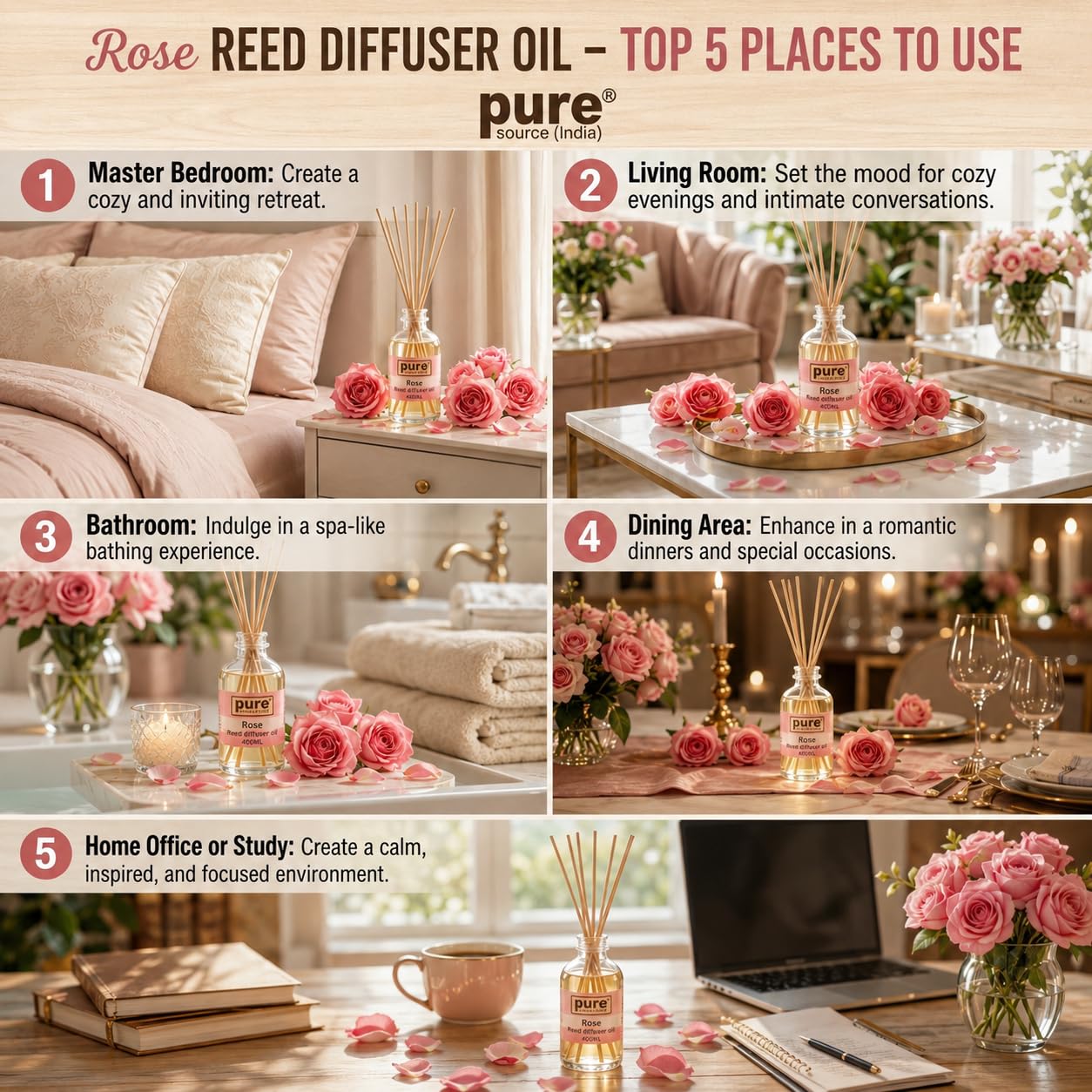 Pure Source India 100ML Rose Aroma Reed Diffuser Refill , 8 Pcs Reed Stick Coming Free With This Reed Diffuser Oil