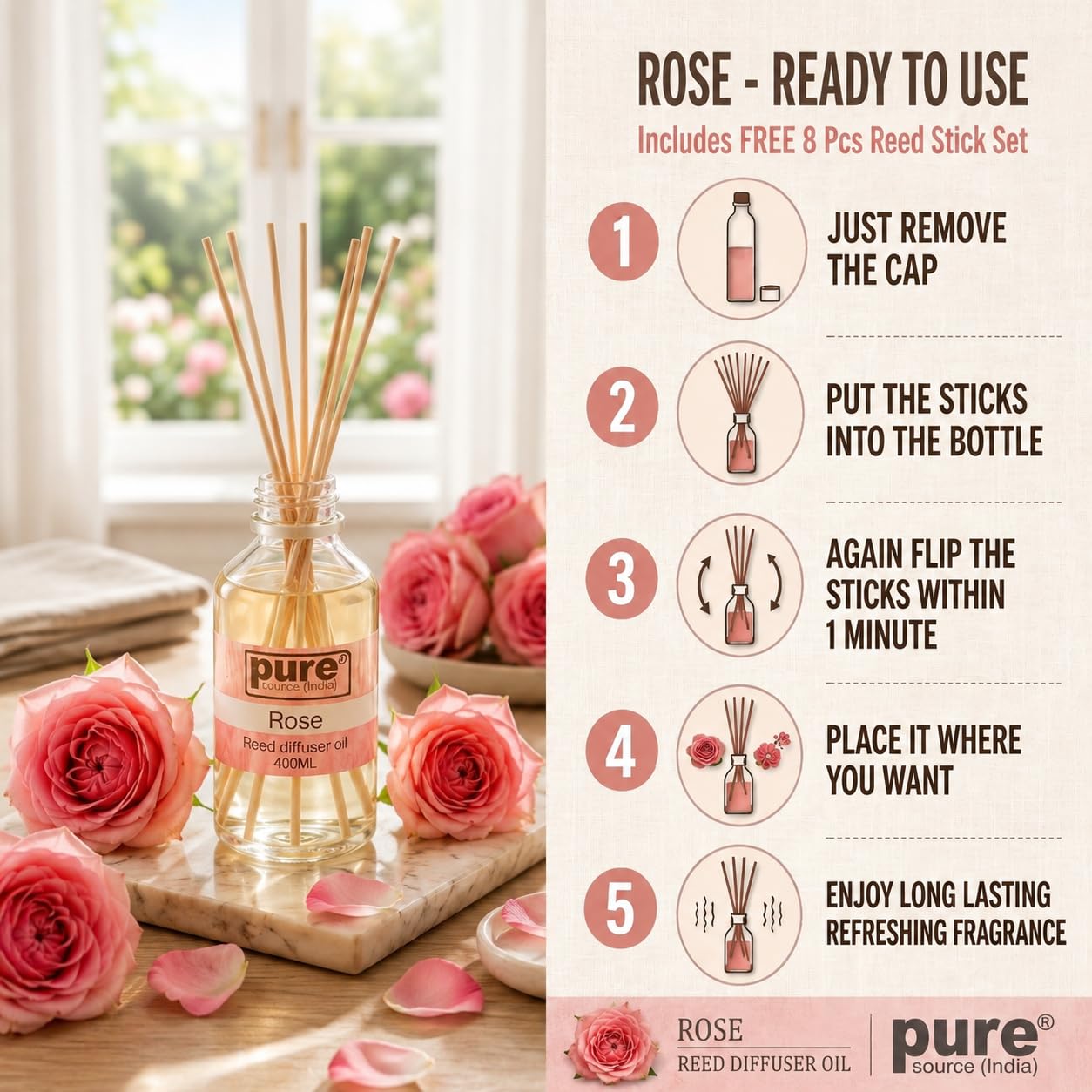 Pure Source India 100ML Rose Aroma Reed Diffuser Refill , 8 Pcs Reed Stick Coming Free With This Reed Diffuser Oil