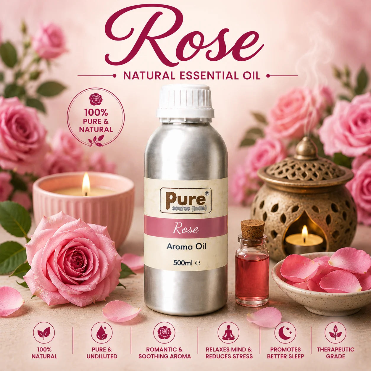 Pure Source India Rose Aroma Oil | Premium Fragrance Oil for Diffuser, Aromatherapy, Meditation, Candles, Soap Making, Humidifier & Home Air Freshener