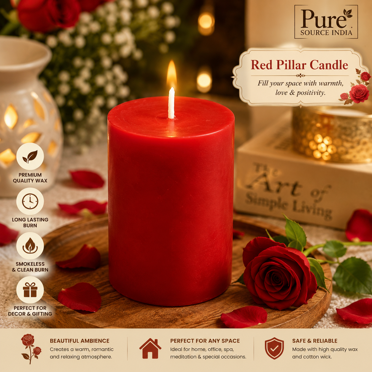 Pure Source India Scented Pillar Candle (3X3 INCH) Decorative Candle for Living Room, Diwali Decor, Gifting, Spa & Meditation (Lemongrass)