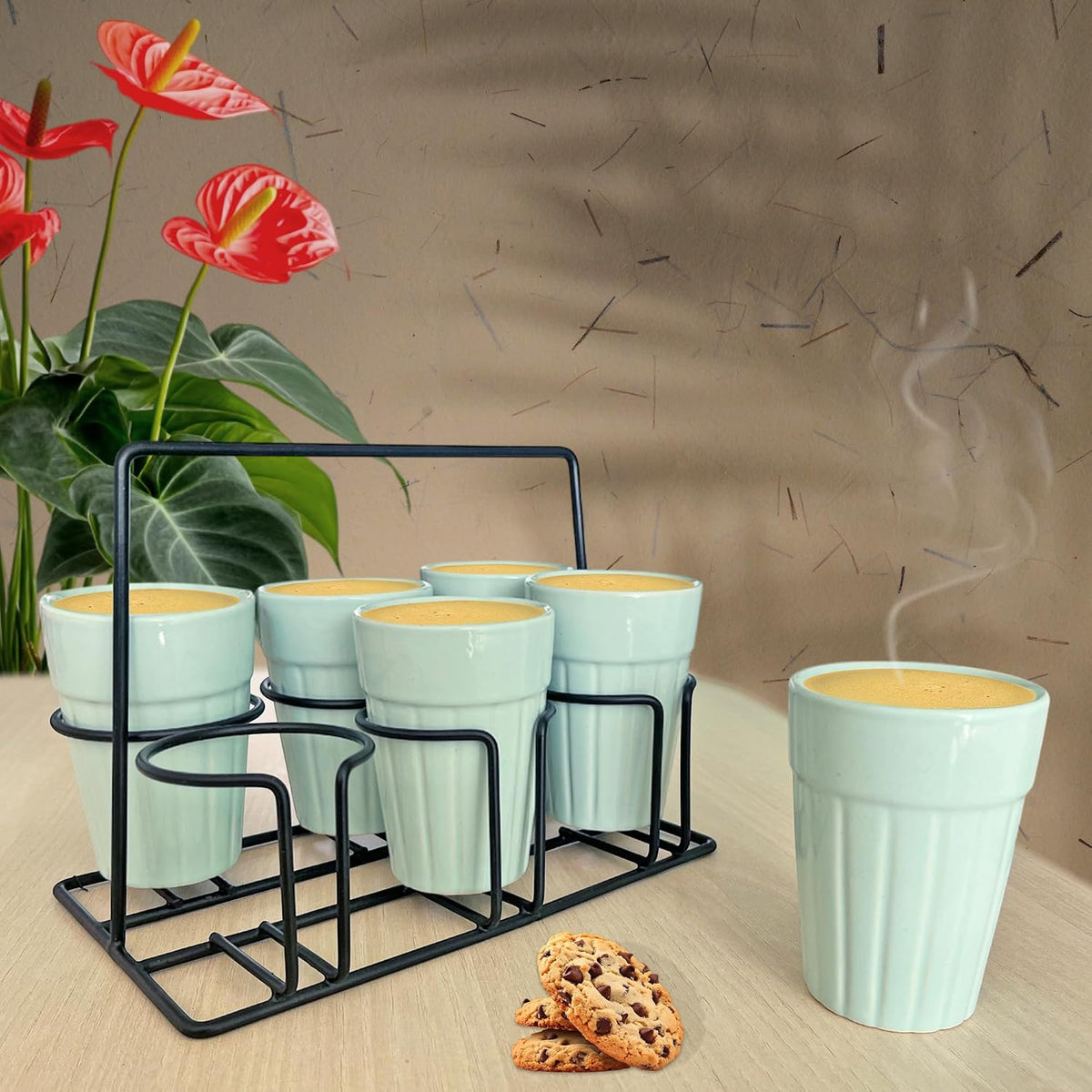 Pure Source India Ceramic Matte Finish Cutting Chai Tea Glasses with Iron Holder, 120ml | Traditional Indian Tea Cups for Home, Kitchen, Café, Restaurant & Dhaba | Tea Serving Set