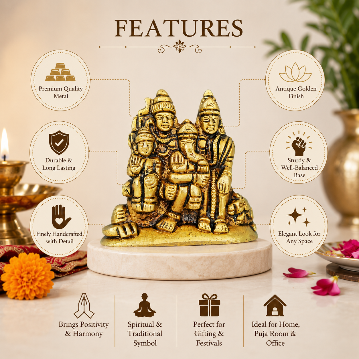 Pure Source India Pure Brass Shiv Parvati Ganesh Idol (6.5 cm) Shiv Parivar Murti Statue Sculpture Sitting On Nandi Showpiece for Home Office Temple Mandir Decoration Gift (230 gm)