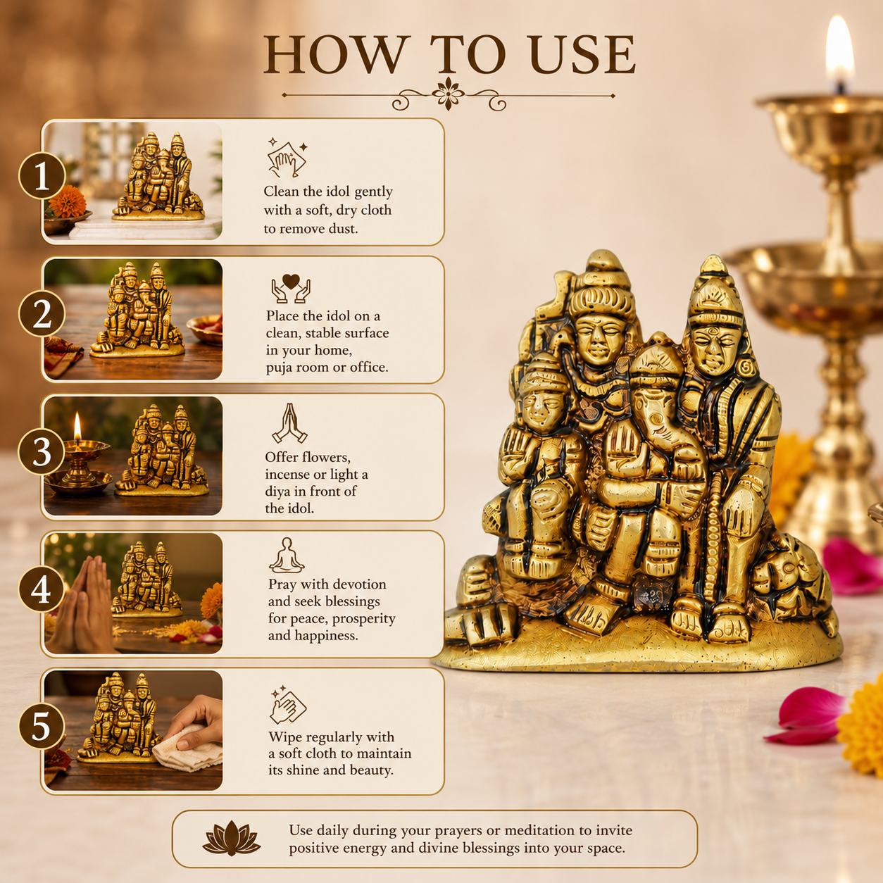 Pure Source India Pure Brass Shiv Parvati Ganesh Idol (6.5 cm) Shiv Parivar Murti Statue Sculpture Sitting On Nandi Showpiece for Home Office Temple Mandir Decoration Gift (230 gm)