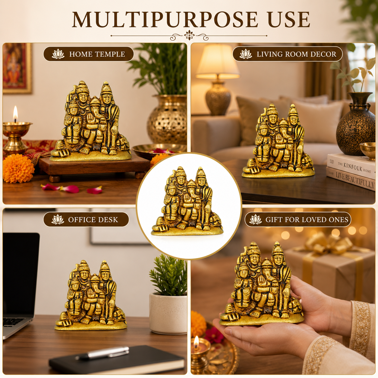 Pure Source India Pure Brass Shiv Parvati Ganesh Idol (6.5 cm) Shiv Parivar Murti Statue Sculpture Sitting On Nandi Showpiece for Home Office Temple Mandir Decoration Gift (230 gm)