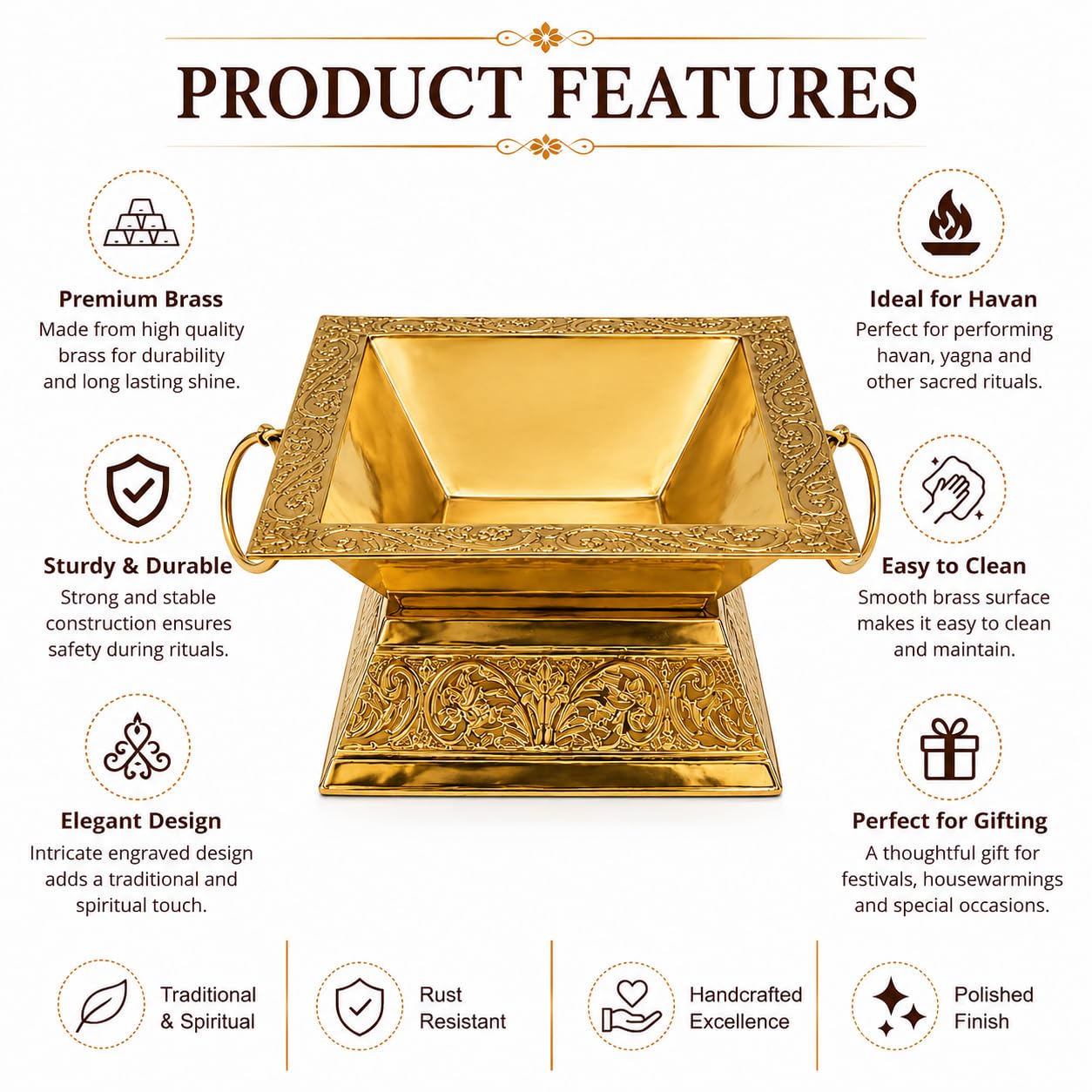 Pure Source India 7.5 Inch / 19 cm Brass Hawan Kund Set with Spoon & Chimta/Tong For Home Pooja, Yagya Kund for Hawan, Weeding, Home & Vastu Rituals, Handcrafted, Brass Fire Pit