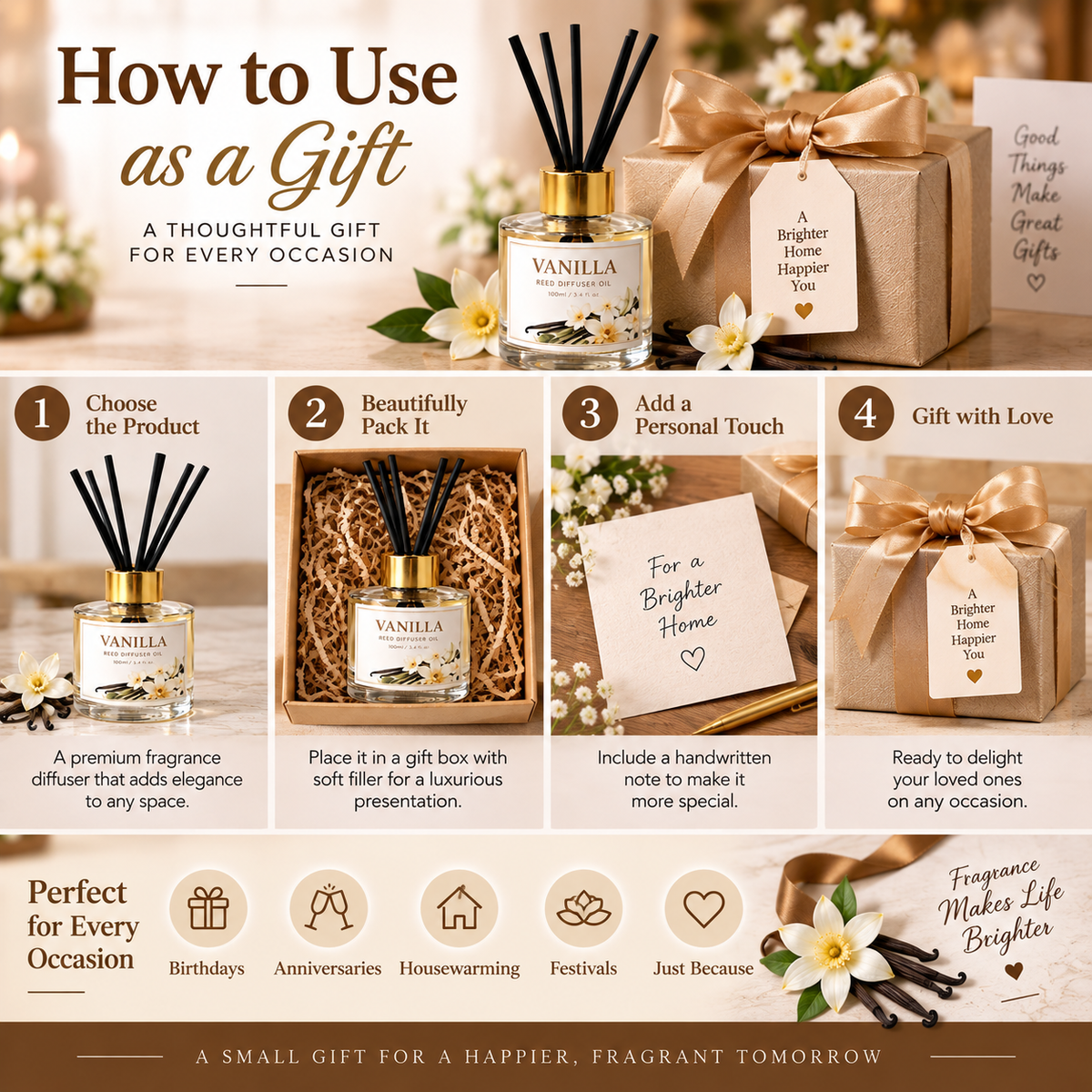 Pure Source India Vanilla Reed Diffuser Oil Set 100ml With  6 Rattan Reed Sticks – Premium Aromatherapy Home Fragrance with Glass Bottle |Air Freshener for Home, Bedroom & Office | Ideal for Gifting