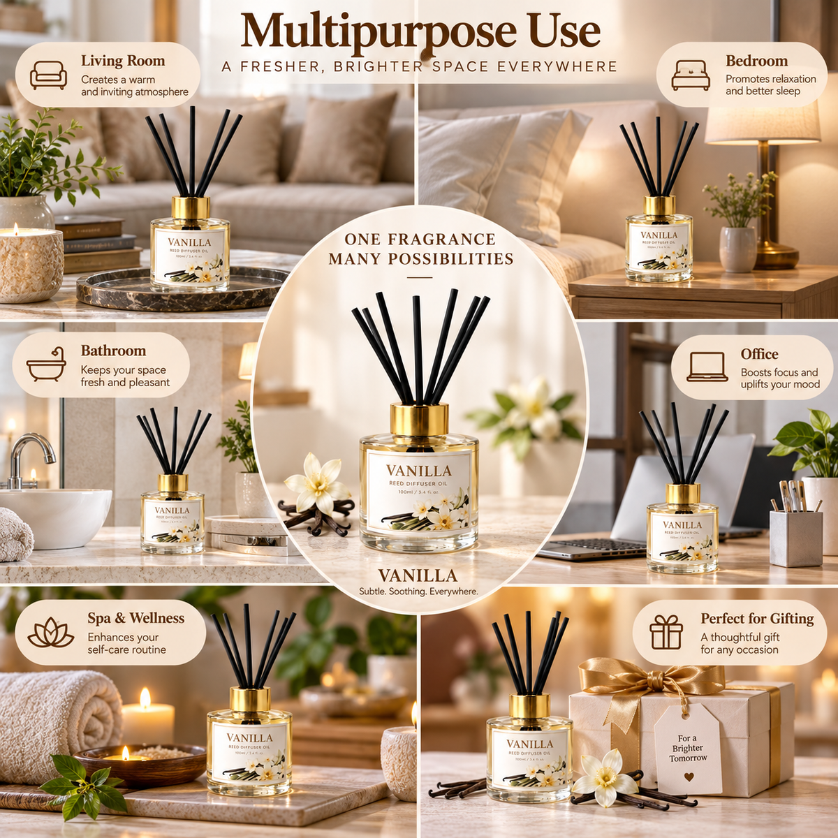 Pure Source India Vanilla Reed Diffuser Oil Set 100ml With  6 Rattan Reed Sticks – Premium Aromatherapy Home Fragrance with Glass Bottle |Air Freshener for Home, Bedroom & Office | Ideal for Gifting