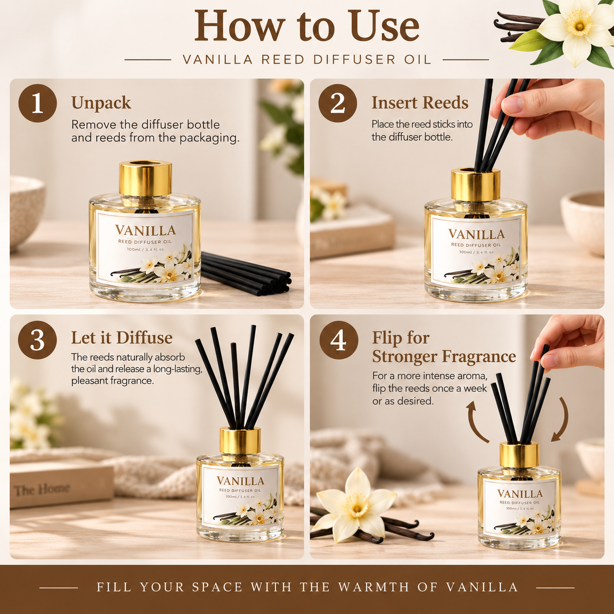 Pure Source India Vanilla Reed Diffuser Oil Set 100ml With  6 Rattan Reed Sticks – Premium Aromatherapy Home Fragrance with Glass Bottle |Air Freshener for Home, Bedroom & Office | Ideal for Gifting