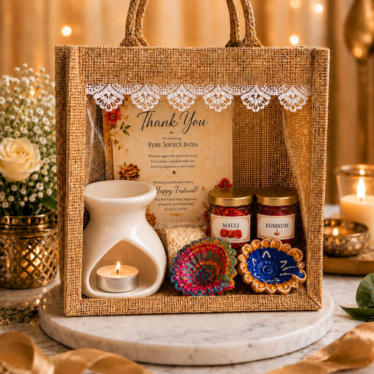 Pure Source India Diwali Pooja Gift Set with Roli Kumkum & Ghee Wicks Complete Diwali pooja and gifting combo (White)
