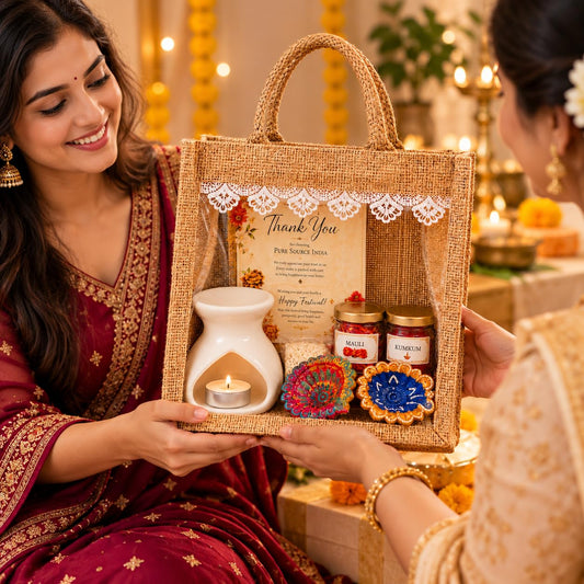 Pure Source India Diwali Pooja Gift Set with Roli Kumkum & Ghee Wicks Complete Diwali pooja and gifting combo (White)