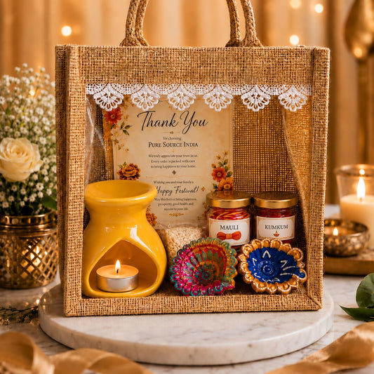 Pure Source India Diwali Pooja Gift Set with Roli Kumkum & Ghee Wicks Complete Diwali pooja and gifting combo (Yellow)