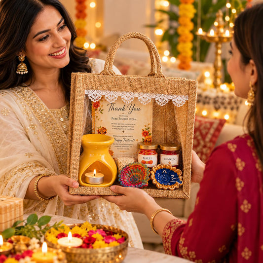 Pure Source India Diwali Pooja Gift Set with Roli Kumkum & Ghee Wicks Complete Diwali pooja and gifting combo (Yellow)