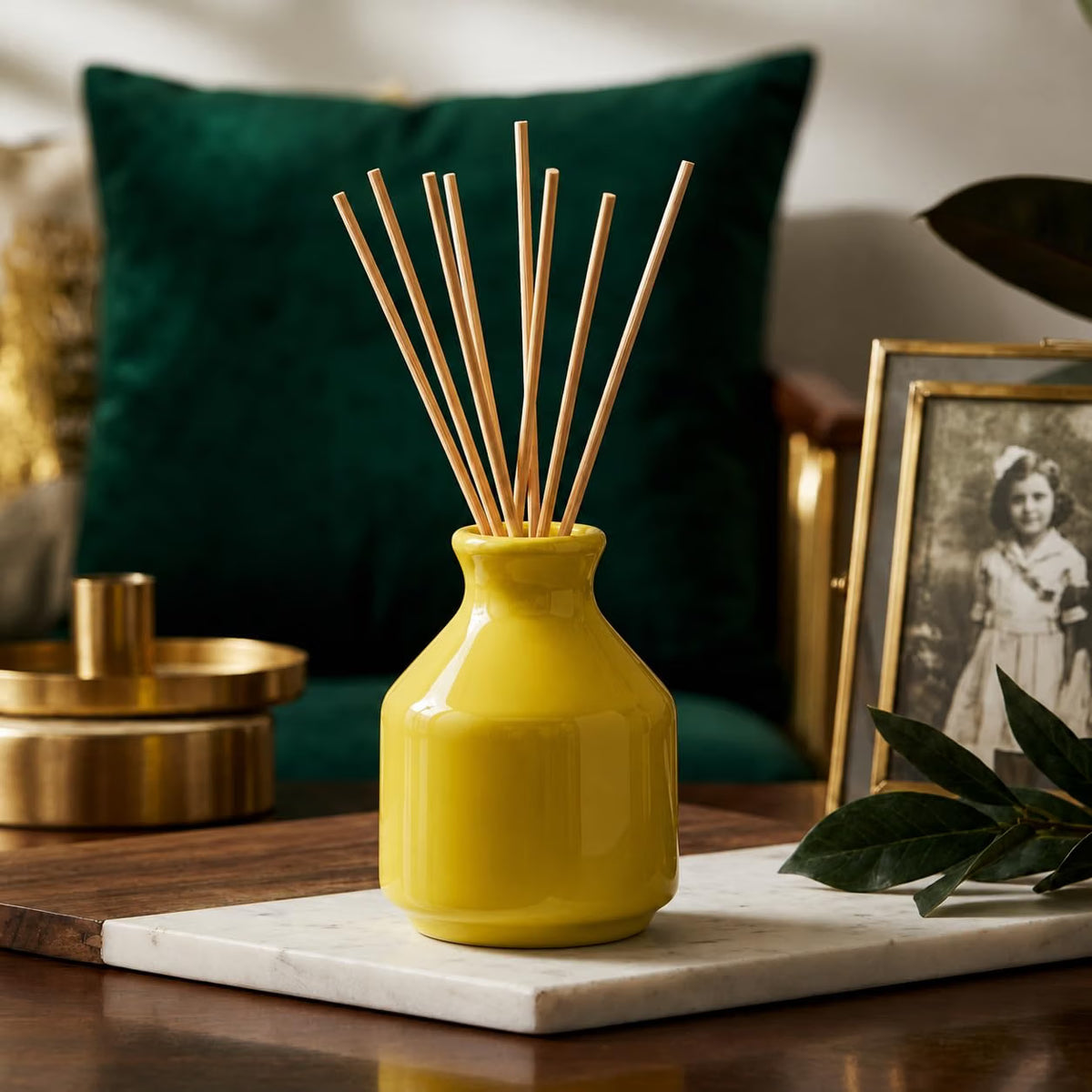 Pure Source India Elegant Ceramic Reed Diffuser Pot (Yellow) – Decorative Aroma Diffuser Vase for Living Rooms, bedrooms, bathrooms, Offices, and entryways (Yellow)