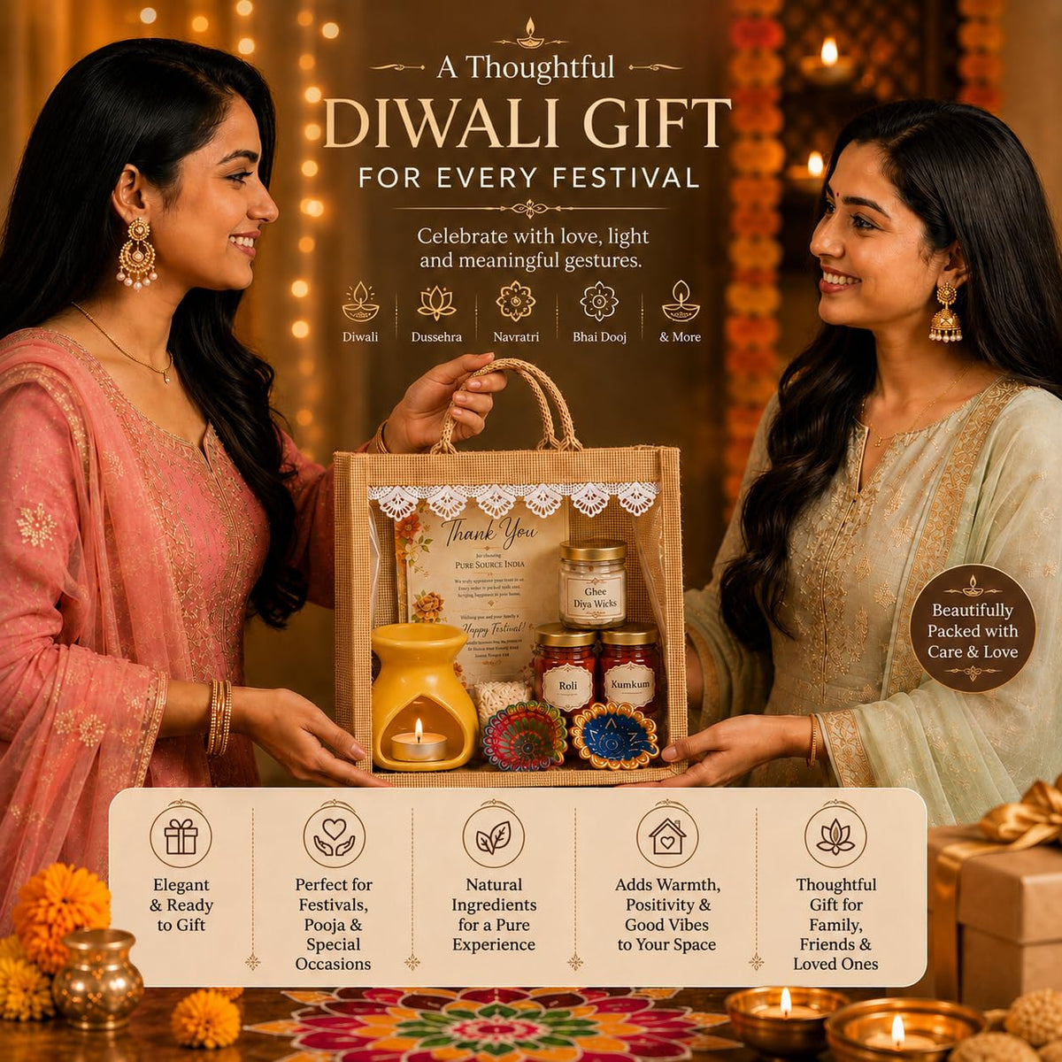 Pure Source India Diwali Pooja Gift Set with Roli Kumkum & Ghee Wicks Complete Diwali pooja and gifting combo (Yellow)